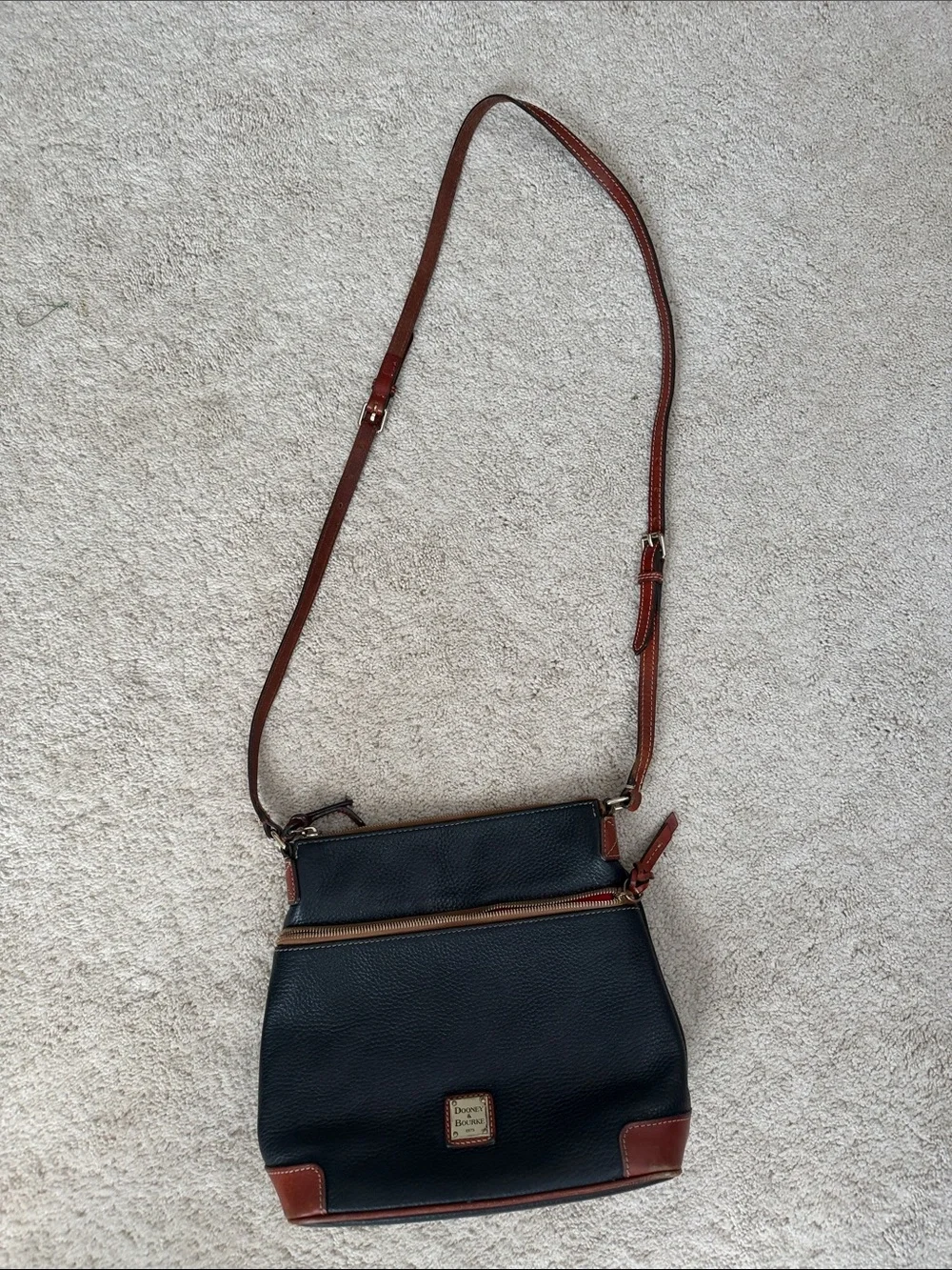 Dooney & Bourke Black Pebbled Leather Crossbody Bag with Brown Trim